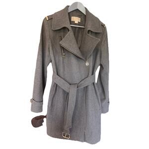 Michael Kors Grey Belted Coat Wool Blend Gold Zipper Women’s Size 12